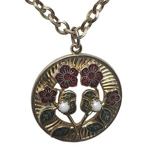 Vtg Emmons Signed Brass Cloissone  Faux Pearl Pendant Necklace